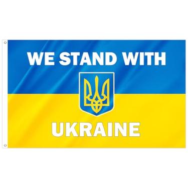 Imagem de We Stand with Ukraine Flag 8 x 5FT Ucraniano Trident National Flag Cor vibrante Poliéster resistente ao desbotamento com ilhós (3x5FT)