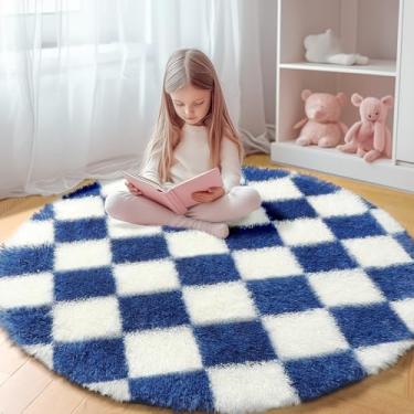 Imagem de KICMOR Tapete redondo de 1,2 m para quarto, tapete circular macio e fofo para sala de estar, tapete circular felpudo felpudo felpudo azul e branco creme, para quarto de crianças, berçário, decoração