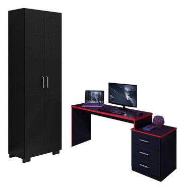 Imagem de Mesa para Computador Gamer drx 5000 e Livreiro Office com Portas Grandes Preto Trama Ve...