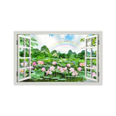 Imagem de Imagem paisagem janela falsa-Impressões lona arte parede natural-Nuvens Lotus arco íris-Pintura mural decoração 30x50cm-12x19in sem moldura