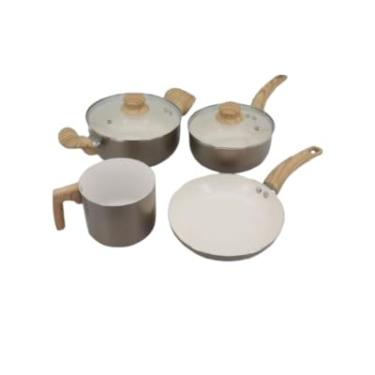 Imagem de Conjunto de Panelas 4 Peças, Cerâmica Antiaderente, Alças em Madeira, Marrom e Branco, Frigideira, Caçarola, Panela e Leiteira