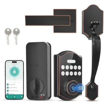 Imagem de POWIFY Conjunto de fechadura inteligente de impressão digital, fechadura de porta de entrada sem chave de controle de aplicativo com alça, teclado eletrônico digital anti-espião, trava automática,