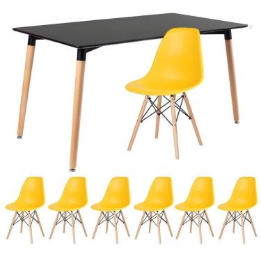 Imagem de Kit - Mesa Retangular Eames 80 X 140 Cm Preto + 6 Cadeiras Dsw Amarelo Mesa Preto Com Cadeiras Amarelo