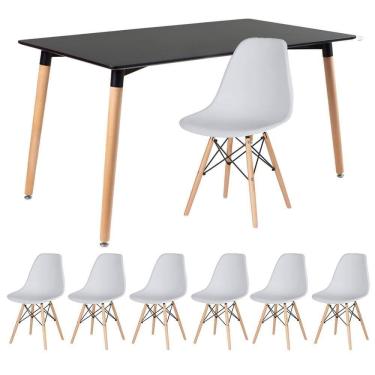 Imagem de Kit - Mesa Retangular Eames 80 X 140 Cm Preto + 6 Cadeiras Dsw Cinza Claro Mesa Preto Com Cadeiras Cinza Claro