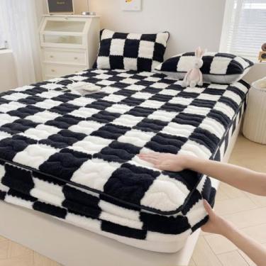Imagem de Lençol ajustável para colchão flanela de luxo capa protetora de colchão antiderrapante capa ultra macia aos quadrados anti-pó roupa de cama impermeável confortável - Black, Solteiro 35 x 79 polegadas