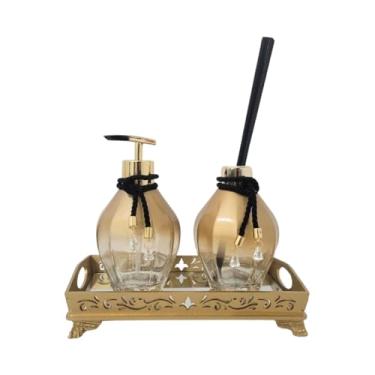 Imagem de Kit Lavabo Decorativo com Bandeja Espelhada, Saboneteira e Difusor em Vidro, Elegância para Banheiro ou Quarto, 250ml Cada, Magicrildecor (Dourado)