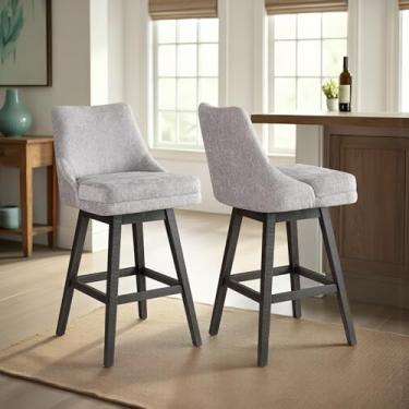 Imagem de Armen Living Banqueta giratória Branson cinza de madeira maciça estofada de 76 cm com altura de barra com assento de tecido cinza - Conjunto de 2