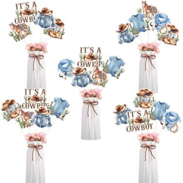 Imagem de Funmemoir Decorações de chá de bebê cowboy para meninos - 24 peças de palitos de mesa de chá de bebê A Little Cowboy is on the Way, verde e marrom, centro de mesa de chá de bebê do oeste selvagem