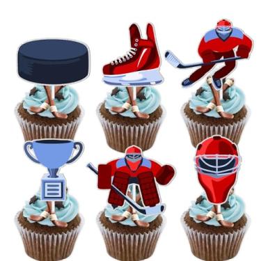Imagem de 18pcs Red Glitter Ice Hockey Happy Birthday Icon Symbol Cupcake Topper sports Competition Theme Decor Supplies Boy Girl Family Birthday Decorations