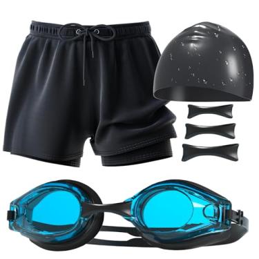 Imagem de YLKJSWIM Óculos com touca de natação de silicone e calção de banho, conjunto de calções de natação para homens, anti-nevoeiro anti-UV sem vazamento, óculos para adultos, adolescentes magros, meninos