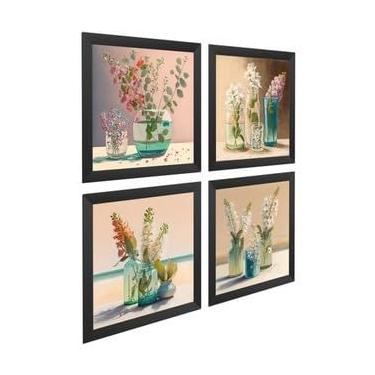 Imagem de Kit 4 Quadros Decorativos Banheiro,lavabo, Vasos Com Vidro (Preto)