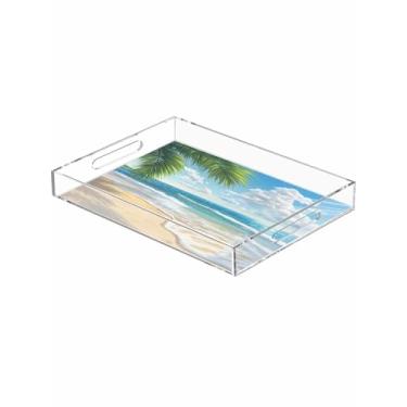 Imagem de Bandeja de acrílico Blue Sky Ocean para praia, palmeiras, ondas, bandeja decorativa de plástico à prova de derramamento com alças para exibição de comida, organizador de bancada costeira de verão 30 x