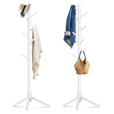 Imagem de OUTGAVA Pacote com 2 cabides de madeira maciça independente com 8 ganchos e 3 alturas ajustáveis, árvore de revestimento de montagem simples para chapéus, bolsas, suporte de cabide de madeira para