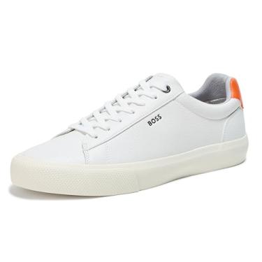 Imagem de BOSS Tênis masculino Aiden Logo Block de couro cano baixo, Branco, 41