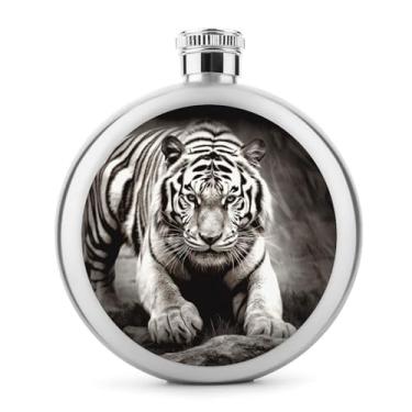 Imagem de Cantil de aço inoxidável, preto e branco com impressão de tigre cantil garrafa de viagem portátil garrafa de licor portátil cantil de metal