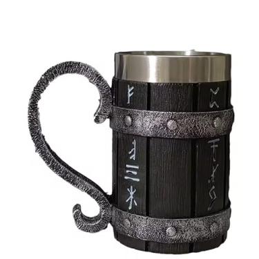 Imagem de Caneca de cerveja estilo madeira viking simulação navio viking dragão drakkar caneca tanque copo de cerveja nórdica tamanho grande 600 ml