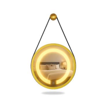 Imagem de ESPELHO ADNET ILUMINADO REDONDO 50CM DOURADO C/ALÇA PRETA TOUCH LED 3000K