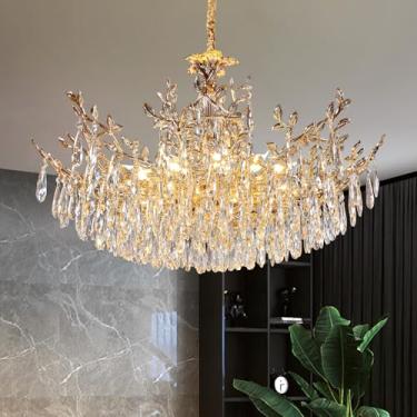 Imagem de ziidoo Lustre De Cristal Dourado Modern Lights, 33,5" Led, 12 Lâmpadas, Pendente Em Formato Gota Chuva, Luminária Teto Para Sala Estar, Jantar, Cozinha Com Ilha, Quarto