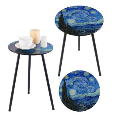 Imagem de Conjunto de mesa lateral externa com 2 mesas laterais de pátio para mesas externas pretas pequenas para ambientes externos, mesa lateral de metal externa, interior, quarto, sala de estar, espaços