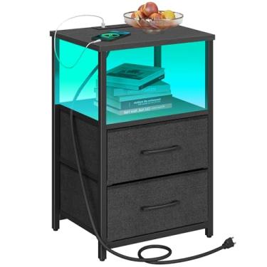 Imagem de TUTOTAK Mesa de canto LED com estação de carregamento, mesa de cabeceira, mesa lateral com 2 portas USB e tomadas, mesa de cabeceira com gaveta de pano, mesa de cabeceira para sala de estar, quarto