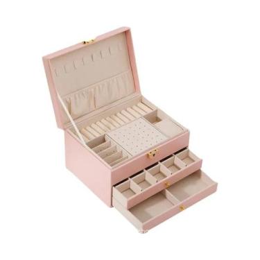 Imagem de Caixa De Armazenamento De Joias Portátil Em Couro Rosa Para Mulheres, 