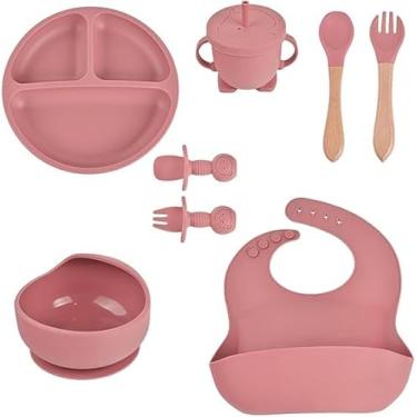 Imagem de Kit Refeição Infantil Bebe em Silicone, Introdução Alimentar, Livre de BPA Atóxico Antibacteriano Seguro Sem Pontas,Prato Dividido, Tigela, Copo com Alça, Babador e Talheres (Rosa)