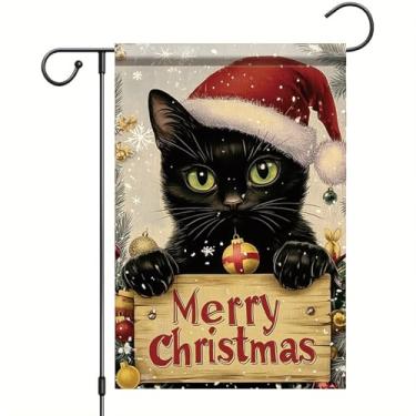Imagem de Saoplasa Bandeira de jardim de Natal gato preto 30,5 x 45,7 cm com chapéu de Papai Noel e enfeite de Natal Feliz Natal ao ar livre pátio varanda gramado banner para decoração de casa sazonal de férias