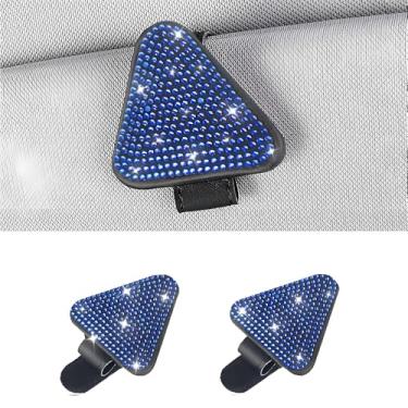 Imagem de MINGZAIQIPEI 2 peças de porta-óculos de sol triangulares de strass brilhante para viseiras de carro de couro magnético organizador de óculos de sol clipe para cartão de bilhete (azul)