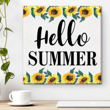 Imagem de Pôster emoldurado Hello Summer Girassóis para parede, imagem floral de verão, decoração de casa sazonal, 20 x 20 cm