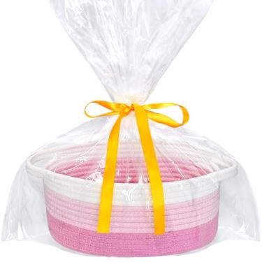 Imagem de Cesta pequena de tecido com saco de presente e fita, cesta pequena fofa de 30,5 cm x 20,3 cm x 12,7 cm, cesta de armazenamento de prateleira de sala de corda, caixa de baú de cesta, cesta de presente