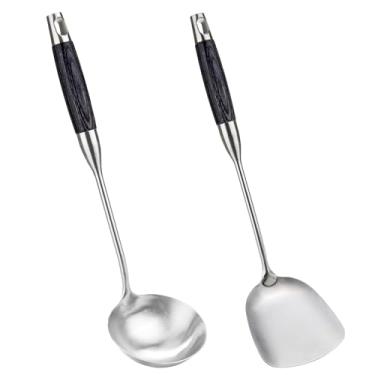 Imagem de FJNATINH Espátula Wok e concha, ferramentas de wok resistentes ao calor com cabo de madeira espátulas wok de aço inoxidável, conjunto de utensílios de cozinha, acessórios wok, 2 peças