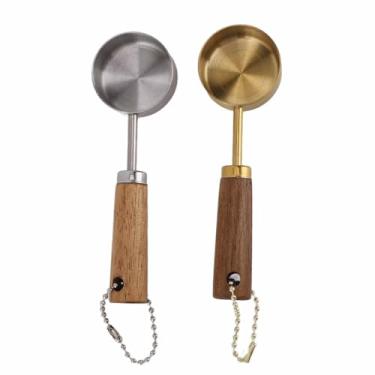 Imagem de 2 colheres de medição de aço inoxidável, colheres de medição de capacidade de 14 ml com cabo de madeira maciça, colher de sopa de carne, utensílios de cozinha para cozinhar e assar