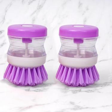 Imagem de Escova de lavar louça, escova de limpeza reciclável com dispensador de sabão, ferramentas de limpeza de pressão para limpeza de pia de panela de cozinha, pacote com 2 roxas