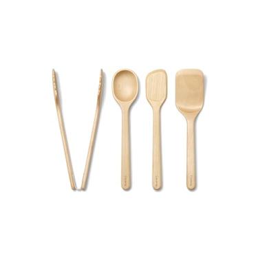 Imagem de Caraway Conjunto de mini utensílios de cozinha de madeira de 4 peças para cozinhar, servir e chapear. Inclui mini colher, raspador, espátula e pinça