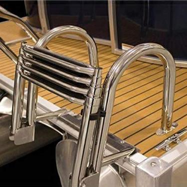 Imagem de HYUIO Escada telescópica para barco de entrada traseira com corrimão interno, 4 degraus, escada de pontão de plataforma superior em aço inoxidável dobrável para doca, piscina, marinha