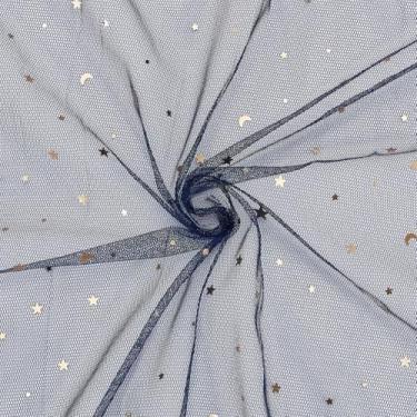 Imagem de FREEBLOSS Rolos de tecido de tule com glitter, 12 metros, azul, estrelado, lantejoulas, estrelas douradas, tule brilhante para vestido faça você mesmo, saia artesanal, cenário de casamento, decoração