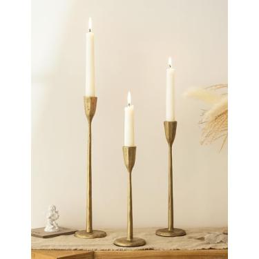 Imagem de Romadedi Castiçal de ouro - Castiçal de ferro fundido castiçal de latão antigo decoração afunilada para mesa de jantar de casamento, cornija de Natal, decoração de casa, conjunto de 3