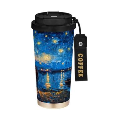 Imagem de SEHANY Caneca de café Starry Starry Night Travel de 500 ml com revestimento de cerâmica e tampa à prova de vazamento, parede dupla, isolada a vácuo, copo de aço inoxidável para bebidas quentes e frias