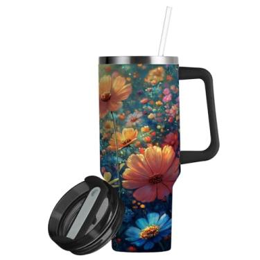 Imagem de ATTX Copo de pintura de margaridas de 850 g com alça, copo de aço inoxidável a vácuo de parede dupla com palha, caneca de café de viagem isolada #798
