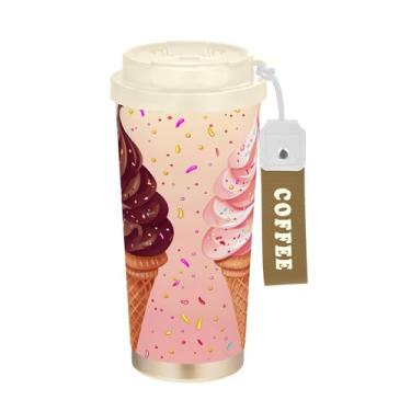 Imagem de SEHANY Caneca de viagem de sorvete fofa de 500 ml Copos de café reutilizáveis revestidos de cerâmica com tampa à prova de vazamento, parede dupla, isolamento a vácuo, copo de café de aço inoxidável