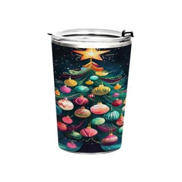 Imagem de Blueangle Copo de 340 g com tampa e canudo, copo de café com água isolada a vácuo de aço inoxidável, caneca de viagem colorida de árvore de Natal, copo térmico para bebidas quentes e frias (666)