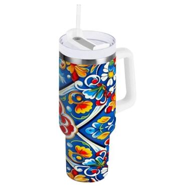 Imagem de Blueangle Copo isolado de 850 g com alça e tampa de canudo - Caneca de viagem de aço inoxidável à prova de vazamento, garrafa de água de cerâmica mexicana a vácuo de parede dupla (552)