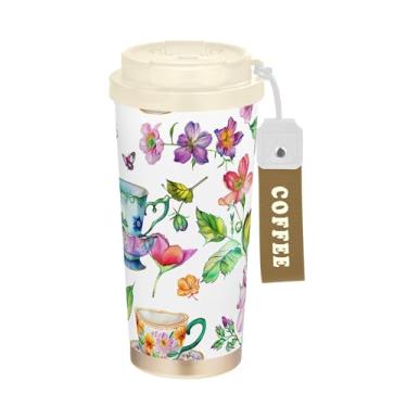 Imagem de SEHANY Caneca de viagem com estampa de café fofa de 482 g Copos de café reutilizáveis revestidos de cerâmica com tampa à prova de vazamento, parede dupla, isolamento a vácuo, copo de café de aço