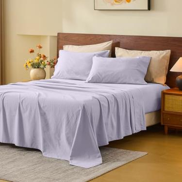 Imagem de MEISHANG Lençóis 100% Linho Cal King Size - Conjunto de 6 peças respiráveis com bolsos extra profundos para 45 a 61 cm, linho macio e durável, refrescante e absorvente de umidade (roxo claro)