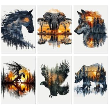 Imagem de igoodom Pacote com 6 tintas de animais por números para adultos, kit de pintura em tela acrílica DIY de 25 x 35 cm, conjunto de pintura de paisagem por números para iniciantes e decoração de parede de