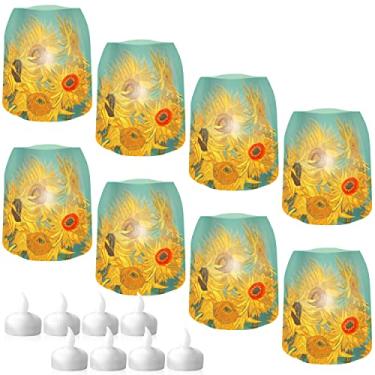 Imagem de MODGY Luminary LED Lantern Candle Holder Decorative Indoor Outdoor, Plastic Candle Lamps for Wedding Table Centerpiece Porch, Flameless Floating Candles, Sunflowers, Vincent Van Gogh, 2 Packs of 4