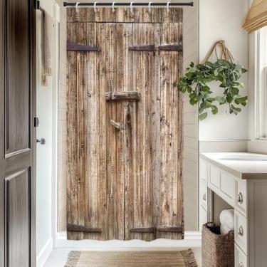 Imagem de Cortina de chuveiro rústica para porta de celeiro para banheiro vintage country tábua de madeira fazenda cortina de chuveiro de madeira marrom porta de garagem conjunto de banheiro decoração lavável