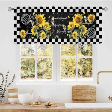 Imagem de Cortinas de cozinha de girassol, preto, branco, xadrez, flor amarela, abelha, floral, rústico, bolso para varão, cortinas para cozinha, café, sala de estar, quarto, armário, banheiro, 137 x 45 cm