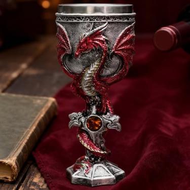 Imagem de DINTSTYLE Cálice de vinho de dragão de chama medieval, taça de vinho de resina cálice com forro de aço inoxidável, cálice Fantasy Dungeons and Dragons 200 ml (comprimento)