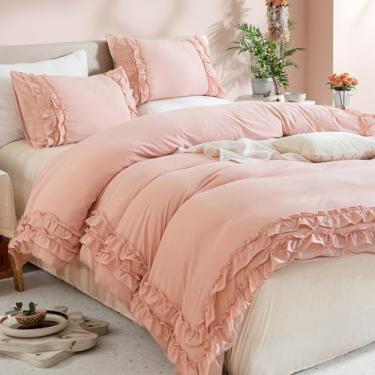 Imagem de Capa de edredom rosa com babados para meninas, conjunto de cama fofo de renda com franjas e babados, estilo casa de fazenda, super macio, aconchegante, elegante, conjunto de capa tamanho king